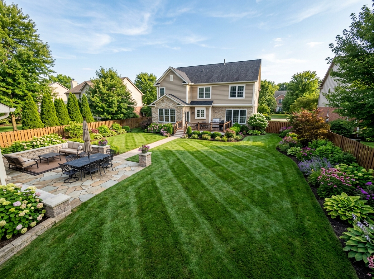 Manicured backyard with striped lawn pattern