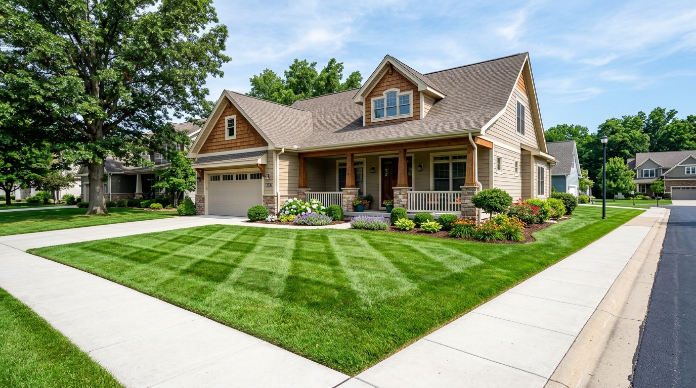 Centerville Ohio Mowed Front Yard with Mower Stripes and Edging